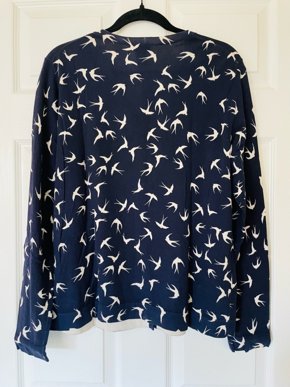 Ann Taylor Navy Bird Print Cardigan Swallow Button Front Knit 100% cotton - Picture 2 of 4